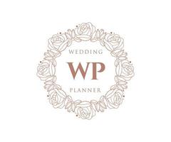 colección de logotipos de monogramas de boda con letras iniciales wp, plantillas florales y minimalistas modernas dibujadas a mano para tarjetas de invitación, guardar la fecha, identidad elegante para restaurante, boutique, café en vector