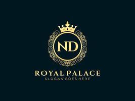 Letter ND Antique royal luxury victorian logo with ornamental frame. vector