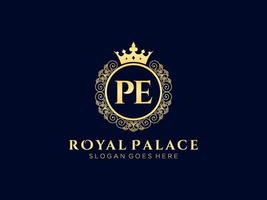 Letter PE Antique royal luxury victorian logo with ornamental frame. vector