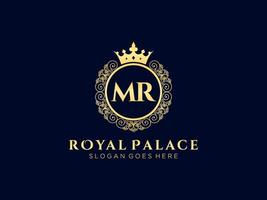 Letter MR Antique royal luxury victorian logo with ornamental frame. vector