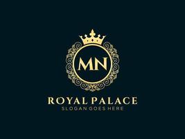 Letter MN Antique royal luxury victorian logo with ornamental frame. vector