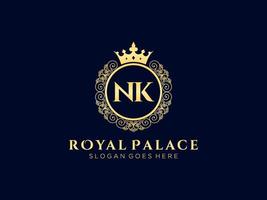 Letter NK Antique royal luxury victorian logo with ornamental frame. vector