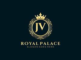 Letter JV Antique royal luxury victorian logo with ornamental frame. vector