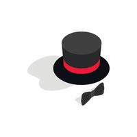 Black top hat and bow tie icon, isometric 3d style vector