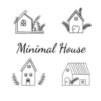 Doodle minimal house with plants on white background vector