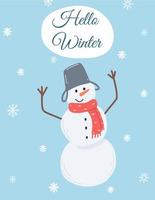 Funny snowman greeting card in cartoon flat style. Hand drawn vector illustration of Christmas card on blue background with snowflake