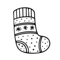 Doodle single sock with stripes and snowflake. Hand drawn vector illustration of warm knitted clothing. Isolated on white background.