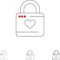 Lock Locker Heart Heart Hacker Heart Lock Bold and thin black line icon set vector