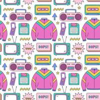 Bright seamless pattern with items from the nineties - retro cassette tape and music boombox, sports jacket, flip phone, floppy disk, tv and stars on white background. Nostalgia for the 1990s. vector