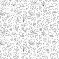 patrón botánico sin fisuras con flores, hojas y ramas. ilustración vectorial dibujada a mano en estilo garabato. perfecto para decoraciones, papel pintado, papel de envolver, tela. fondo floral. vector