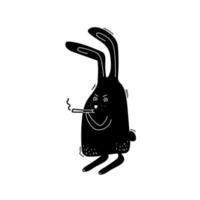 Cartoon black rabbit smokes a cigarette. Angry and nervous hare. Symbol of 2023 new year vector