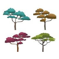 árbol de acacia africana con estilo de caricatura plano de corona ancha, ilustración vectorial en blanco. elemento de diseño natural, conjunto de árboles coloridos, flora de sabana vector