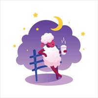 Vector kids illustration of relaxing dream sheep with paper cup of hot drink, coffee, tea