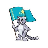 Vector cartoon character, mascot, symbol, icon, logotype of snow leopard, irbis witn Kazakhstan's flag in his paws. Symbol, mascot of Kazakhstan