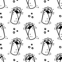 Hand drawn fast food shawarma, burrito, twister seamless pattern. Comic doodle sketch style. Vector Fast food illustration. Sketch of doner, burrito.