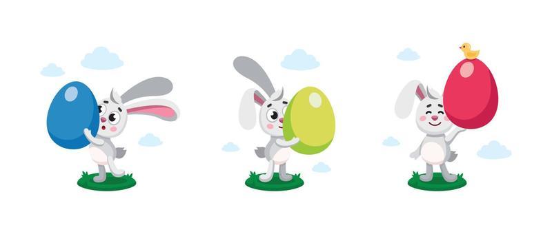 Happy easter, egg hunt flat kid's vector illustration. Set of easter bannies, hares, rabbits with painted eggs. Colorful flat vector illustration isolated on white background