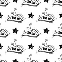 Hand drawn pizza seamless pattern. Fast food pattern. Vector Fast food illustration in doodle style. Vector illustration. Sketch of slice of pizza and star.