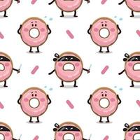 Donut robber with knife and scared donut seamless pattern. Pink Doughnut texture illustration. Funny kids flat digital textile pattern of pink glazed happy donut. vector