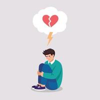 Brokenhearted boy suffers of symptoms of depressive disorder. Vector illustration about mental problems, broken heart in flat style.