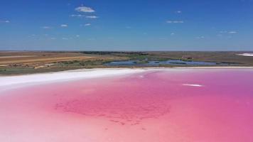 Aerial view of White salt on the shores of the island in Pink Island and blue sky . Lake Lemuria, Ukraine. Lake naturally turns pink due to salts and small crustacean Artemia in the water photo