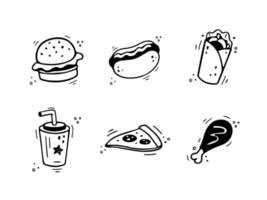 Hand drawn fast food icons. Sketch of snack elements - burger, soda drink, pizza, doner, chicken leg. Fast food illustration in doodle style. Fast food collection. vector