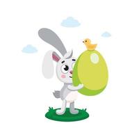 Vector flat kid's illustration of easter rabbit, bunny, hare holding painted egg. Easter character, mascot. Easter illustration, postcard, banner, poster, sticker