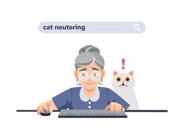 Old, elderly woman, grandmother at the computer is looking for information about cat neutering, castration. The cat is surprised and scared. Colorful vector illustration about animal neutering