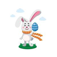 Vector flat digital illustration of easter rabbit, bunny, hare holding painted egg. Easter character, mascot. flat style illustration