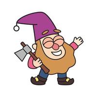 Cheerful little garden gnome, dwarf, oldman is holding an ax in cartoon style. Colorful vector fairytale kids illustration, drawing character, mascot, sticker