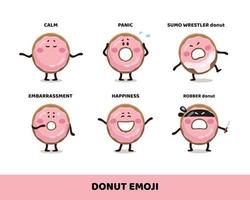 donas glaseadas rosas. Pegatinas de emoji para niños, personajes, pancartas, mascotas, planas y divertidas. colección de emojis. personajes de dibujos animados de comida rápida. paquete de donas vector