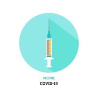 Syringe with Covid-19 vaccine icon illustration in flat style. Vaccination sticker vector