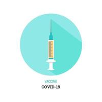 Syringe with Covid-19 vaccine icon illustration in flat style. Vaccination sticker vector