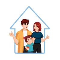 Family house concept. Happy family, dad, mom, son show thumbs up. Approval concept. Flat style illustration in house shape frame vector
