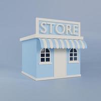 3D rendering blue minimal store with white door on blue background photo