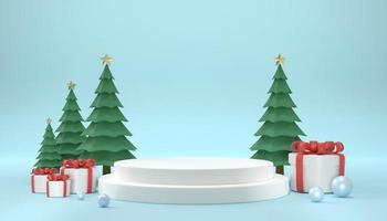 3D rendering white gift box with christmas tree on blue background photo