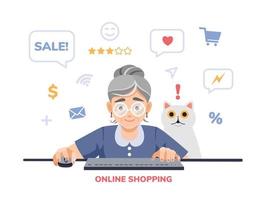 A happy excited old, elderly woman, retired, grandmother is shopping online on the computer, laptop with a surprised pet, cat. Cute colorful flat vector cartoon illustration