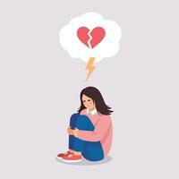 Brokenhearted girl suffers of symptoms of depressive disorder. Vector illustration about mental problems, broken heart in flat style.