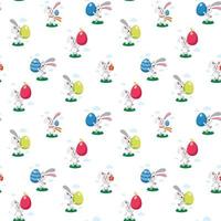 Easter bunnies seamless pattern. Happy easter, egg hunt flat kid's vector illustration. Easter bannies, hares, rabbits with painted eggs. Colorful flat vector illustration isolated on white background
