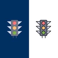 señal de tráfico luz carretera iconos plano y línea llena conjunto de iconos vector fondo azul