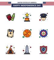 gran paquete de 9 estados unidos feliz día de la independencia líneas planas llenas de vectores de estados unidos y símbolos editables del día de la seguridad policía deportes baloncesto elementos de diseño de vectores editables del día de estados unidos