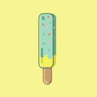 Green and yellow ice cream with multicolored sprinkles on yellow background with highlights looks appetizing and fresh. Vector, object, EPS10. vector