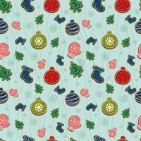 A Christmas pattern with gingerbread balls, Christmas tree, varez, snowflakes and a Christmas sock on a blue background. Holiday. Wrapping. Vector. vector