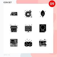 Group of 9 Solid Glyphs Signs and Symbols for design monitor leaf store market store Editable Vector Design Elements