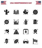 conjunto de pictogramas del día de la independencia de estados unidos de 16 glifos sólidos simples de pin de ubicación de turismo estadounidense de insignia elementos de diseño de vector de día de estados unidos editables de estados unidos