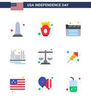 Happy Independence Day Pack of 9 Flats Signs and Symbols for usa landmark food golden bridge Editable USA Day Vector Design Elements