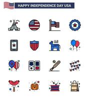 16 USA Flat Filled Line Signs Independence Day Celebration Symbols of shield ireland glass cell mobile Editable USA Day Vector Design Elements