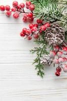 Fir Tree Decorations  On White wooden Backgrund With Copy Space photo