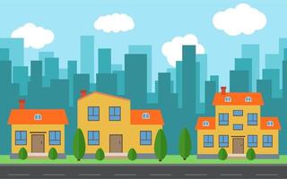 Vector city with cartoon houses and buildings. City space with road on flat style background concept. Summer urban landscape. Street view with cityscape on a background