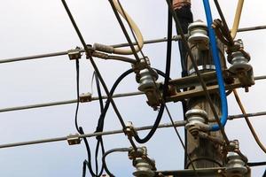 Wires on a pole carrying high voltage electric current. photo