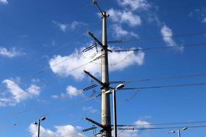 Wires on a pole carrying high voltage electric current. photo